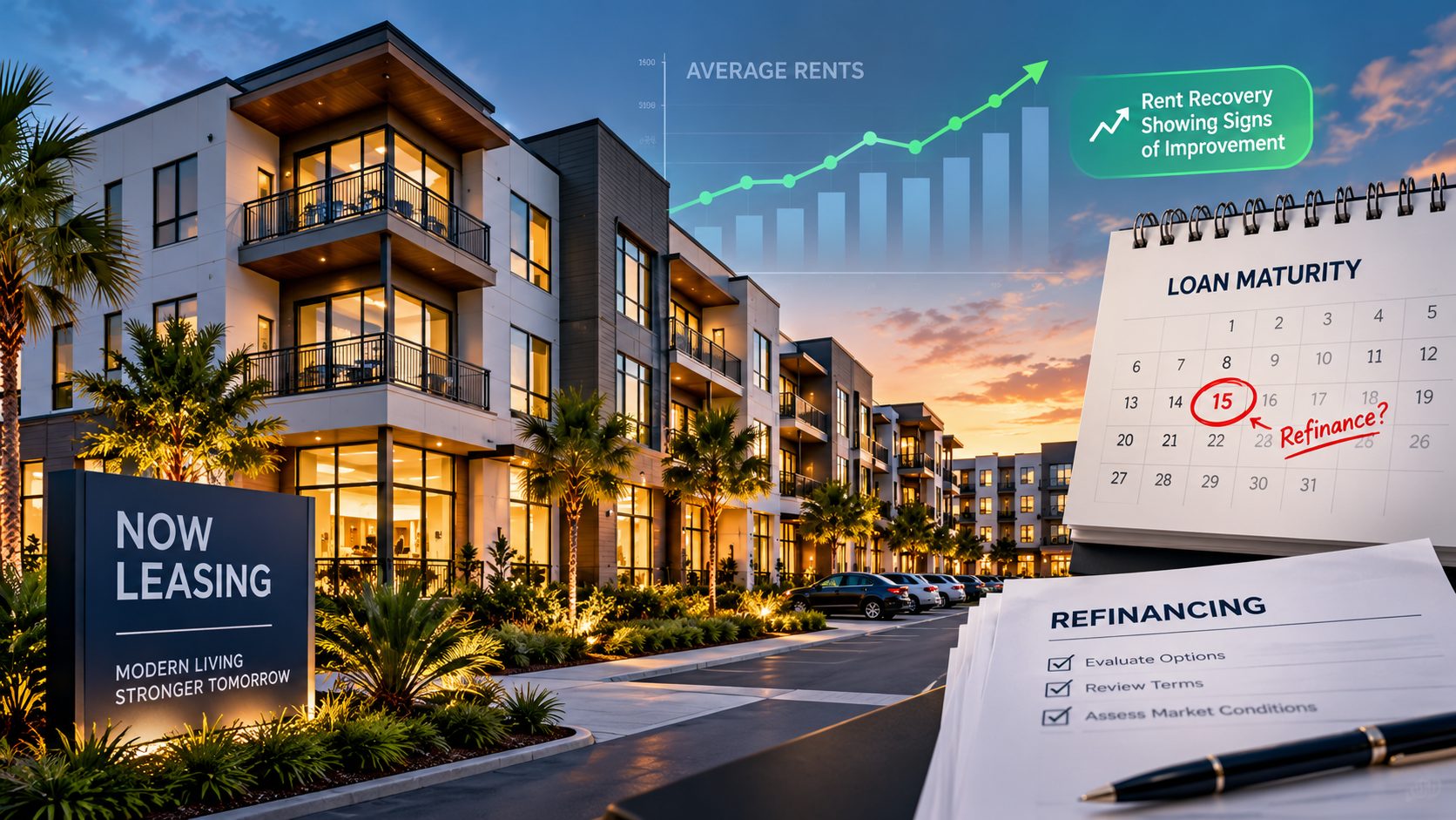 Modern apartment community with rising average rents chart, loan maturity calendar, and refinancing checklist illustrating multifamily refinancing pressure