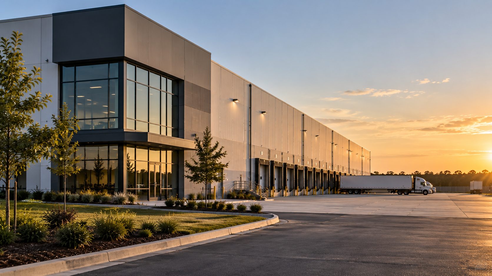 Modern industrial warehouse building at sunset representing industrial development approvals and entitlement risk